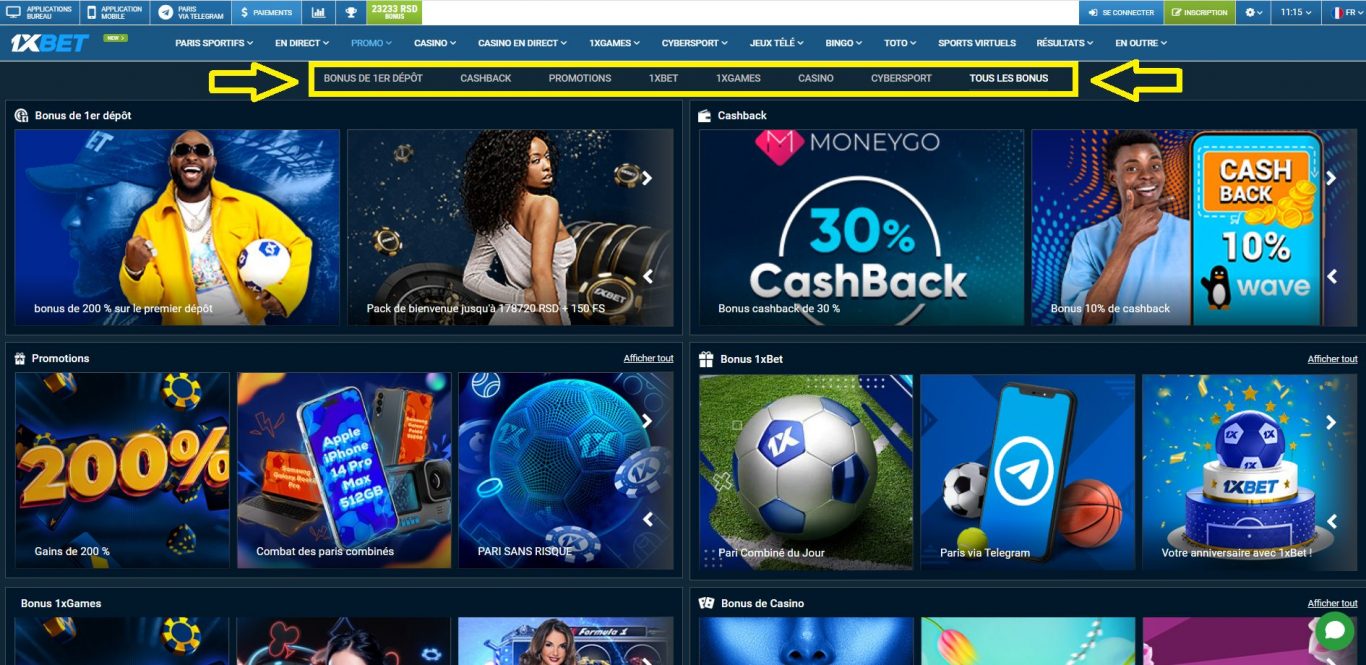 1xBet bonus disponibles