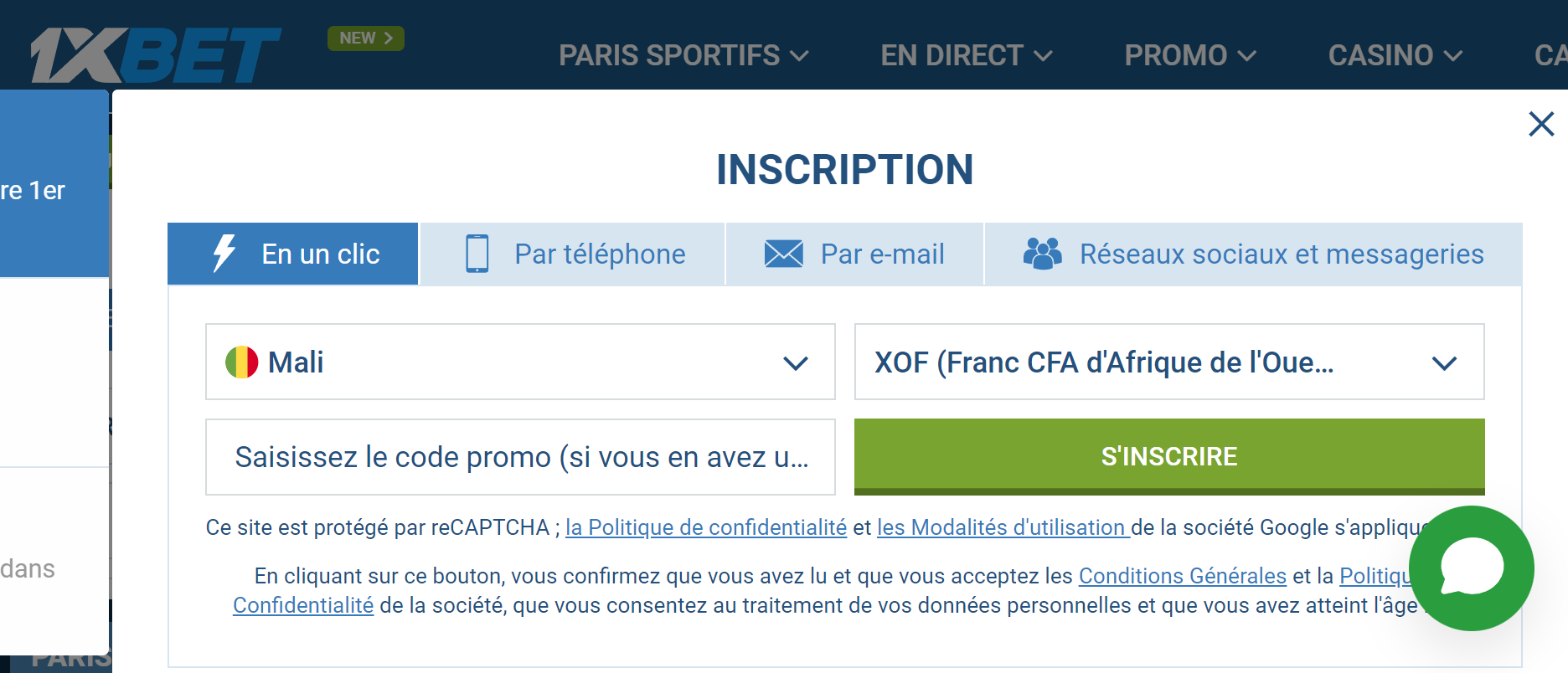 Options de 1xBet inscription complète en ligne